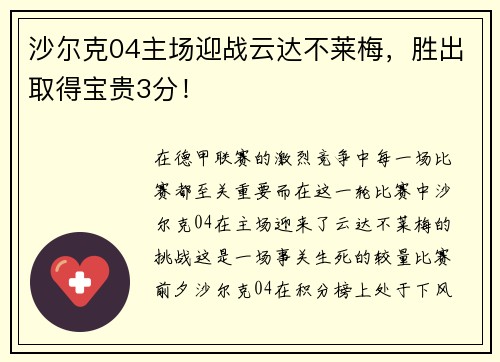 沙尔克04主场迎战云达不莱梅，胜出取得宝贵3分！