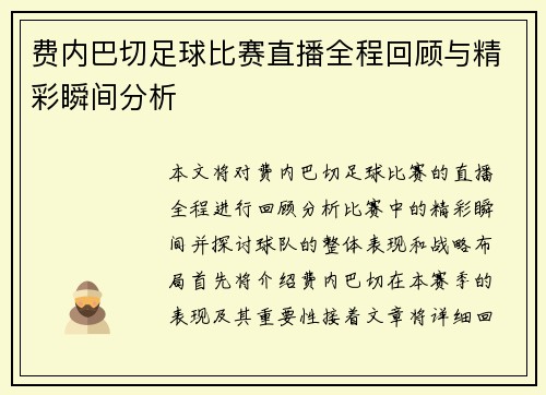 费内巴切足球比赛直播全程回顾与精彩瞬间分析